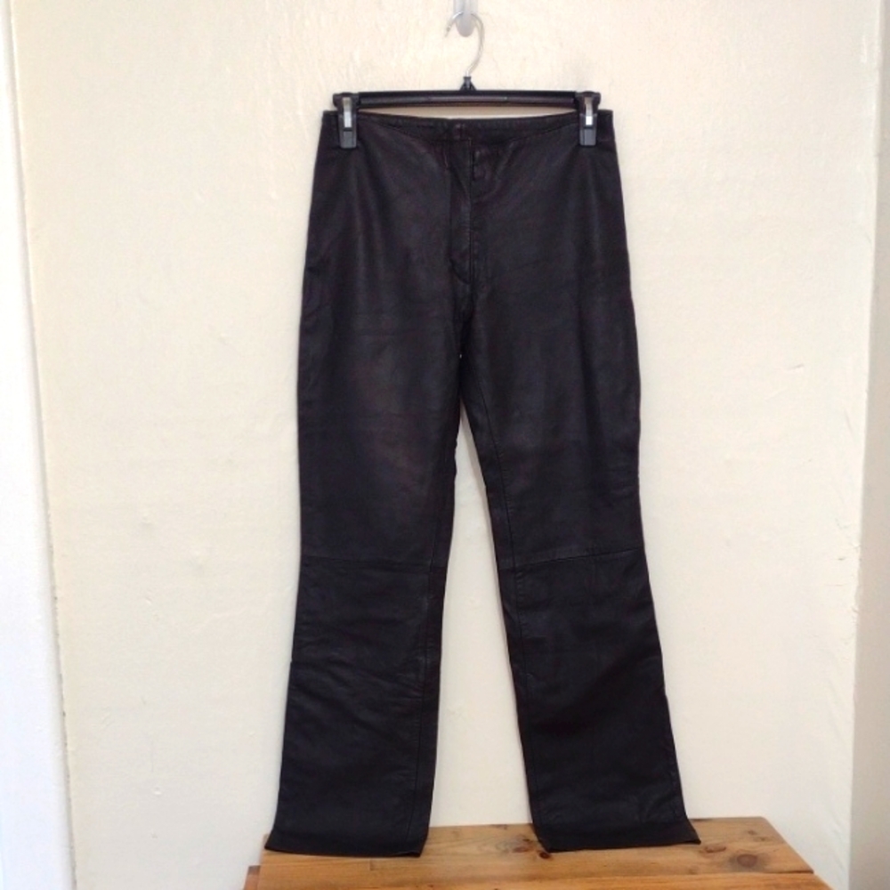 Luly K Vintage Black Leather High Rise Straight Leg Pants Size 8 Inseam 32.5"